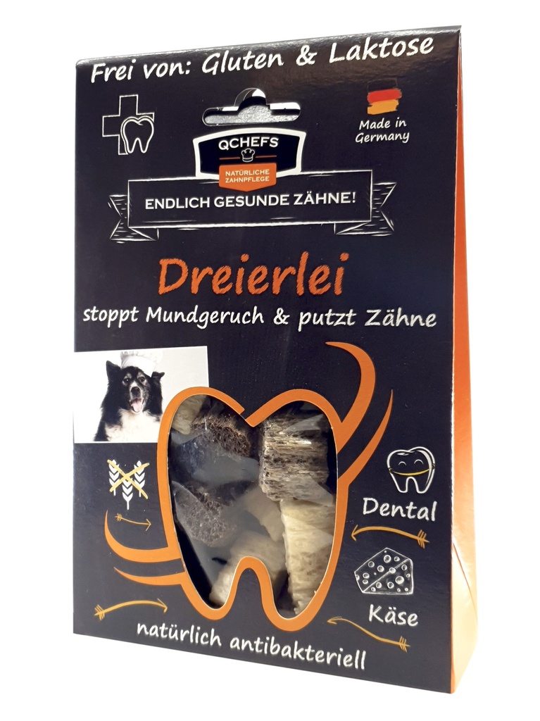 Schwarze Verpackung mit Fenster, das drei verschiedene Leckerlis zeigt