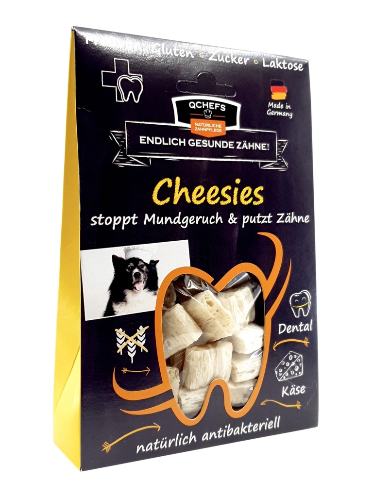 Schwarze Verpackung mit Fenster, das Cheesies zeigt