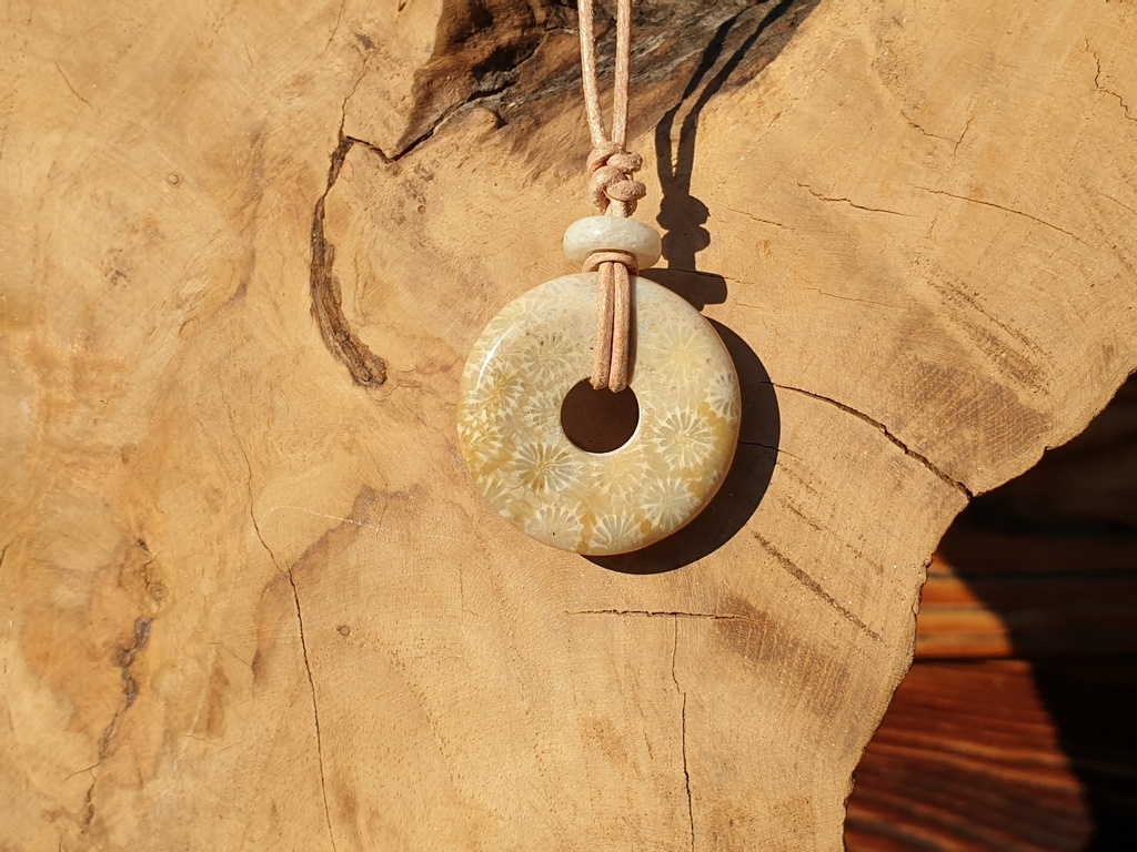 Versteinerte Koralle Donut Lederkette