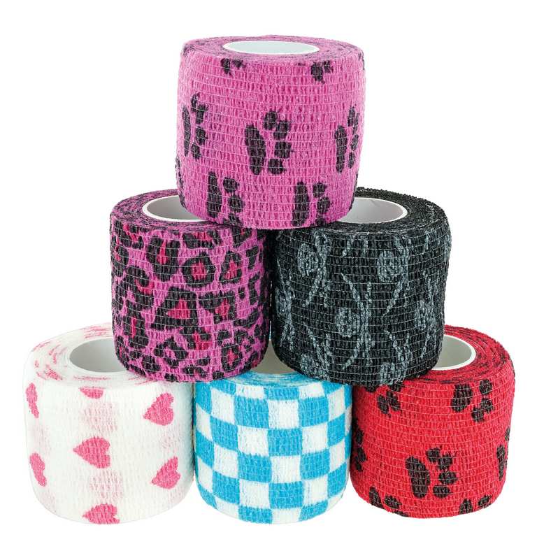 selbsthaftende Verbände in sechs verschiedenen, bunten Designs, mit Karo, Pfoten, Totenkopf, Herzen, Leopardenmuster