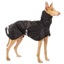 Hund im orangefarbenen Regenmantel