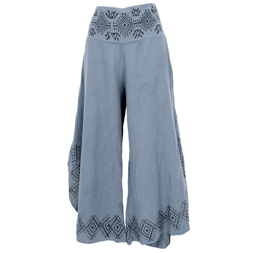taubenblaue, weite Hose mit Druck an Bund und Saum in grobem Baumwollstoff