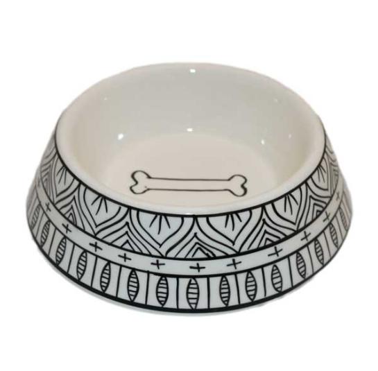 Futternapf aus Keramik in Creme mit schwarzem Maorimuster am Rand