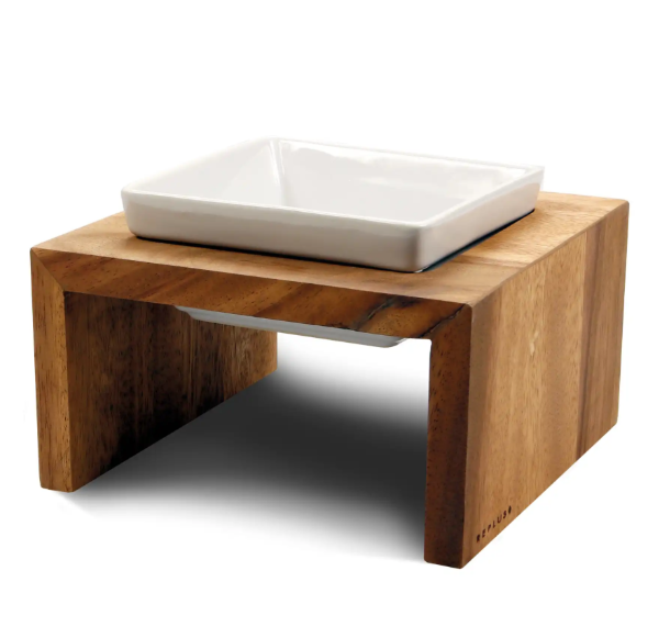 Viereckiges Holzgestellen mit mittig integrierter viereckiger Keramikschale