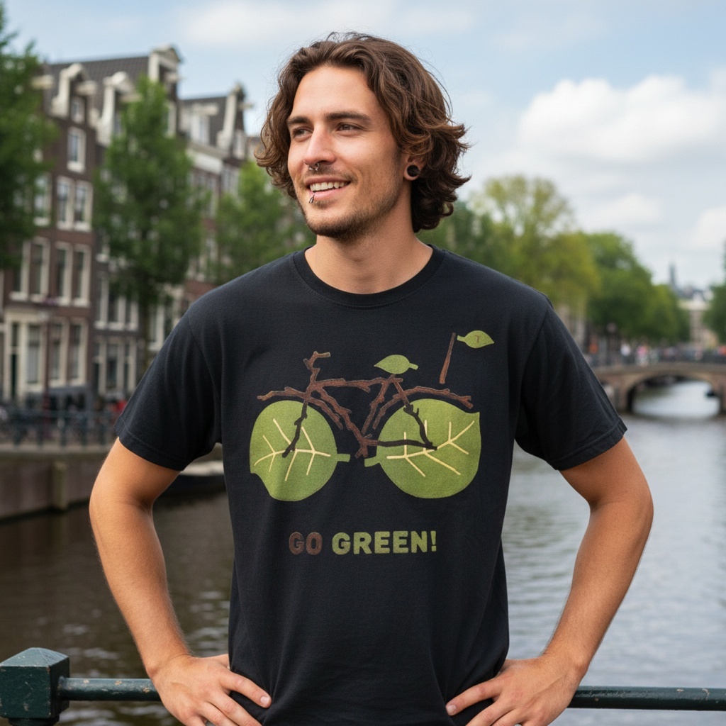 Mann in schwarzem T-Shirt mit Druck eines Fahrrades aus Zweigen und Blättern