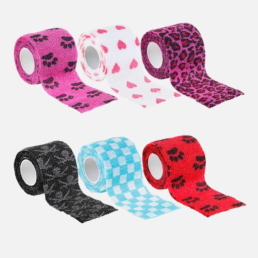 selbsthaftende Verbände in sechs verschiedenen, bunten Designs, mit Karo, Pfoten, Totenkopf, Herzen, Leopardenmuster