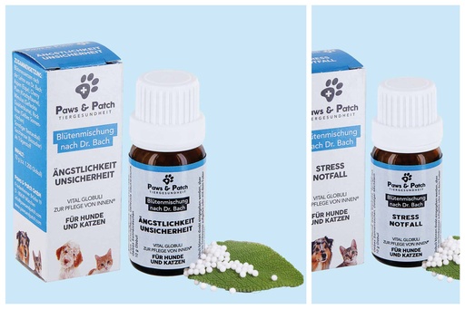 Hellblau-weiße Pappverpackung mit braunen Glasfläschen davor, die die zwei verschiedenen Blütenmischungen beinhalten