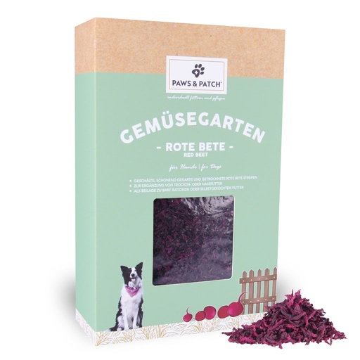 Hellgründe Verpackung aus Pappe mit Sichtfenster, das Rote Betestreifen zeigt - davor ein Häufchen ausgepackte Rote Bete Streifen