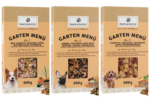 drei beige Verpackung aus Pappe mit Sichtfenstern, die jeweils die Menümischungen der drei verschiedenen Sorten zeigen