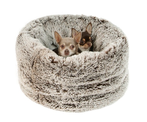 Plüschiges Hundebett in hoher Donutform, aus dem zwei Chihuahuas herausschauen