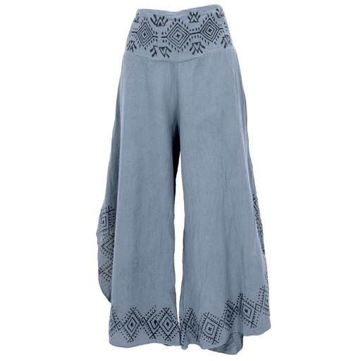 taubenblaue, weite Hose mit Druck an Bund und Saum in grobem Baumwollstoff