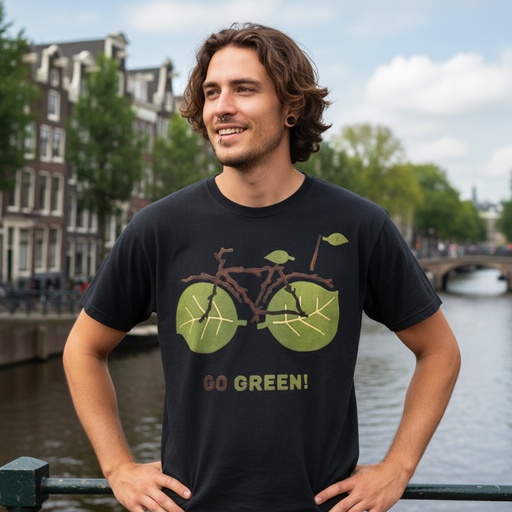 Mann in schwarzem T-Shirt mit Druck eines Fahrrades aus Zweigen und Blättern
